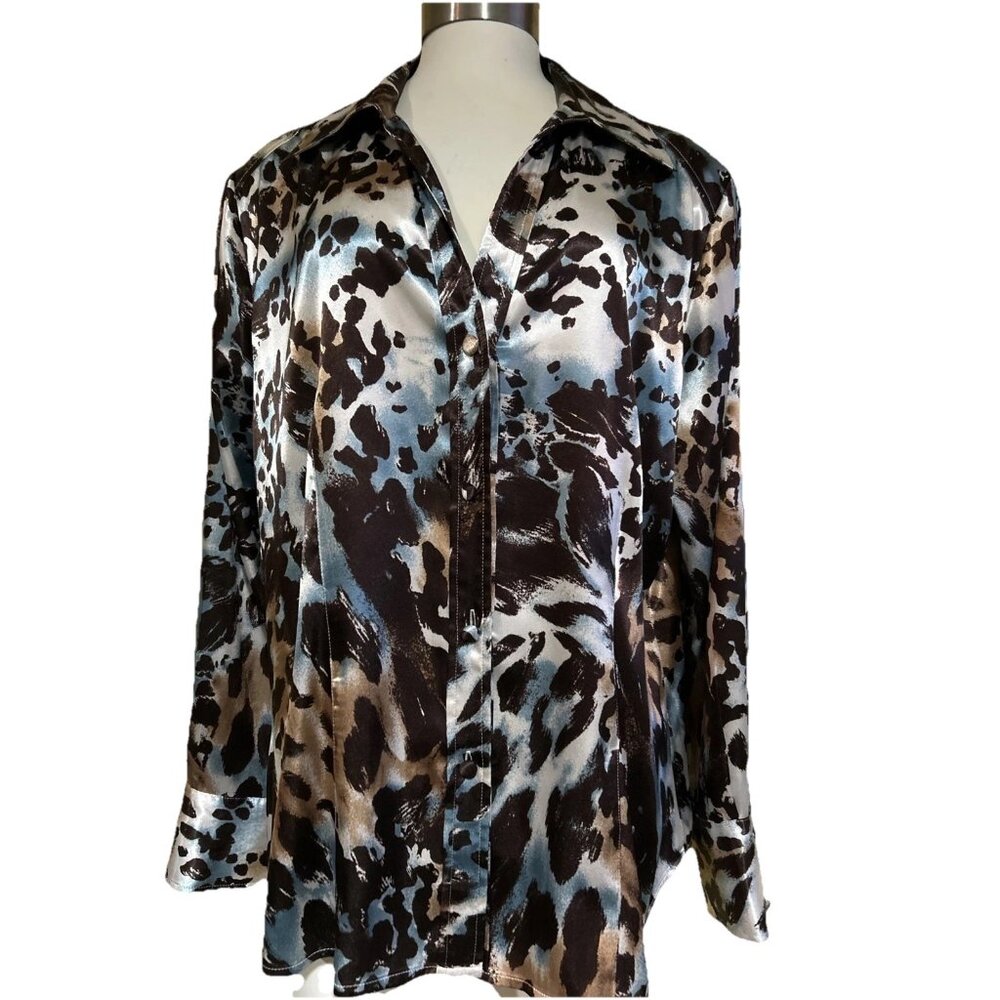 Chico's Long Sleeve Buttons Satin Shirt Office Large Abstract Animal Print 2